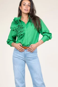Cotton Blouse With Roset Pleat | Green... | Copenhagen Muse | Little Soho