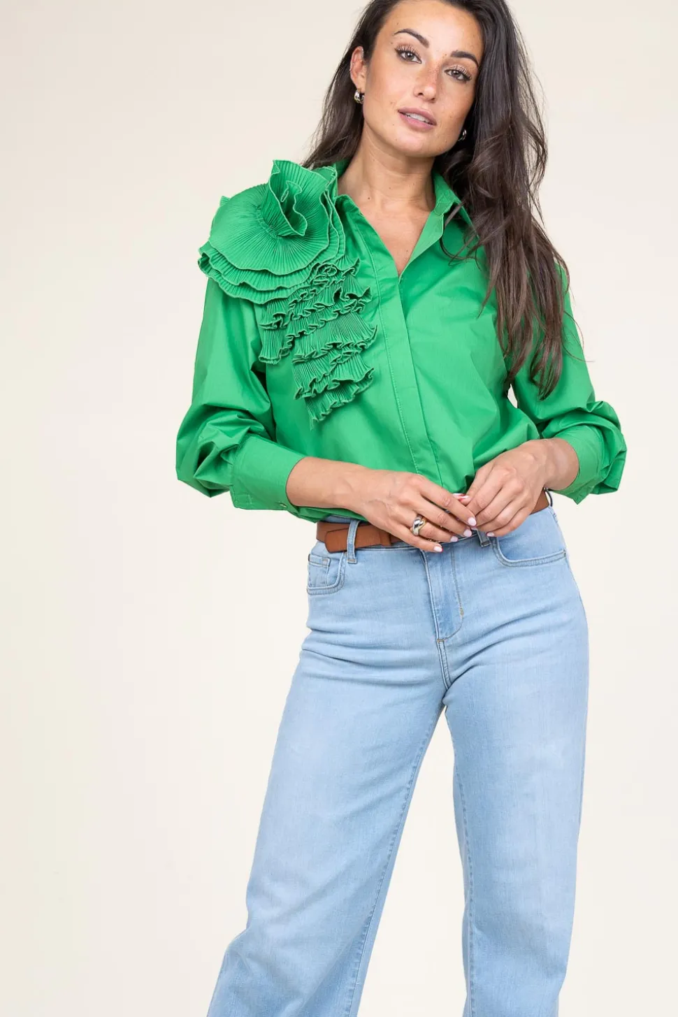 Cotton Blouse With Roset Pleat | Green... | Copenhagen Muse | Little Soho