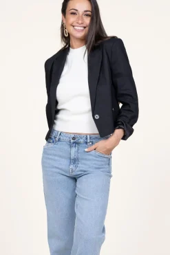 Cropped Blazer In Linen Blend Acedia | Black... | Dante 6 | Little Soho