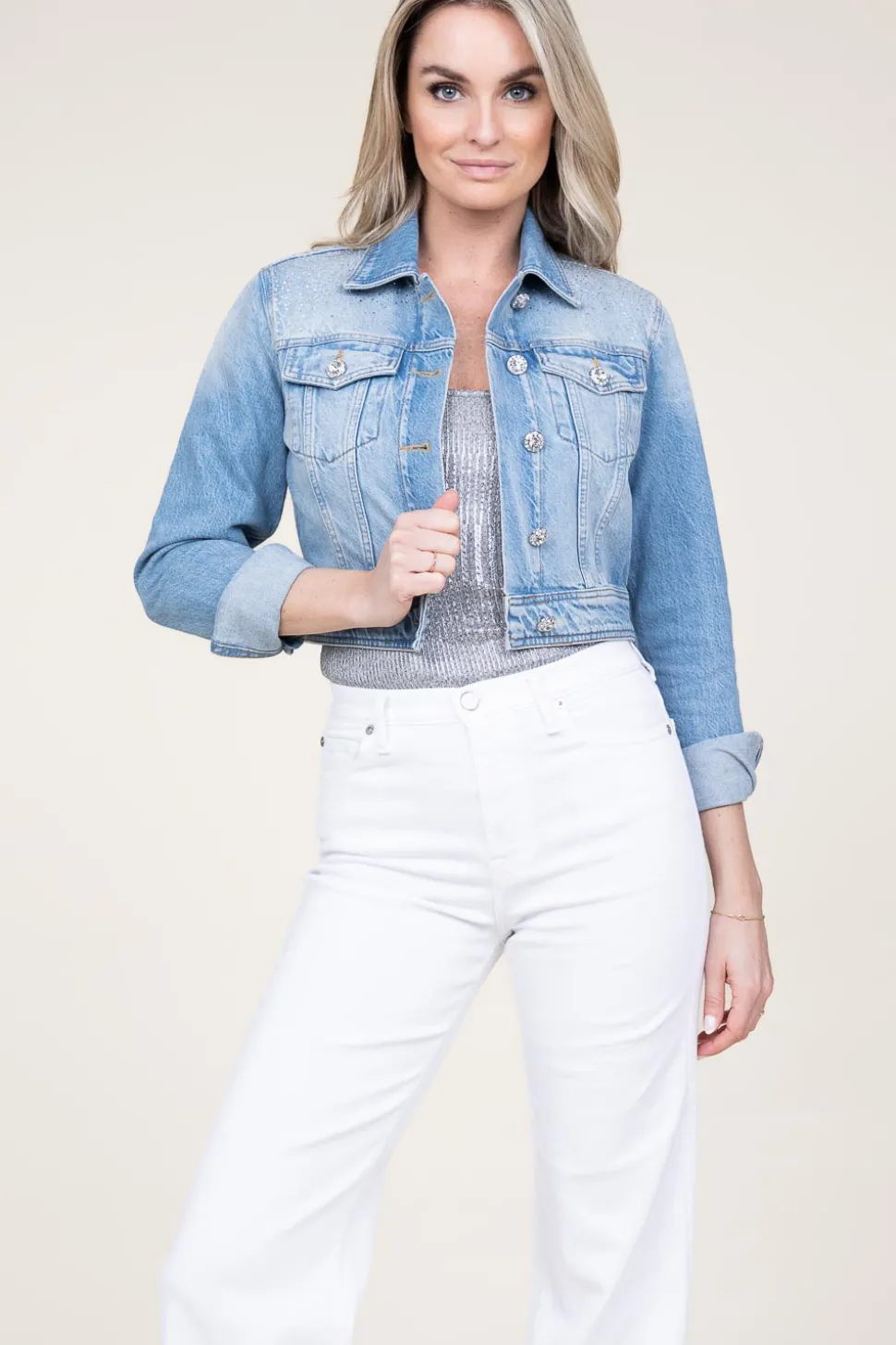 Cropped Denim Jacket With Rhinestones Rinazzo | Blue... | Liu Jo | Little Soho