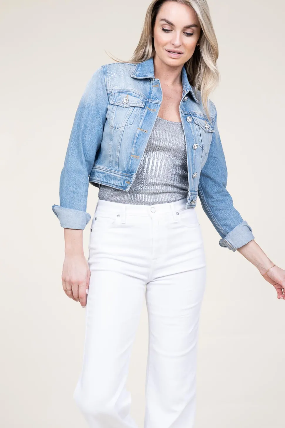 Cropped Denim Jacket With Rhinestones Rinazzo | Blue... | Liu Jo | Little Soho