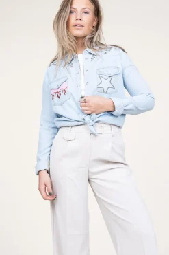 Denim Blouse With Embroidery Cabana Flamme | Blue... | Berenice | Little Soho