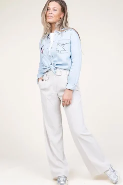 Denim Blouse With Embroidery Cabana Flamme | Blue... | Berenice | Little Soho