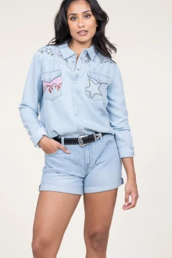 Denim Blouse With Embroidery Cabana Flamme | Blue... | Berenice | Little Soho