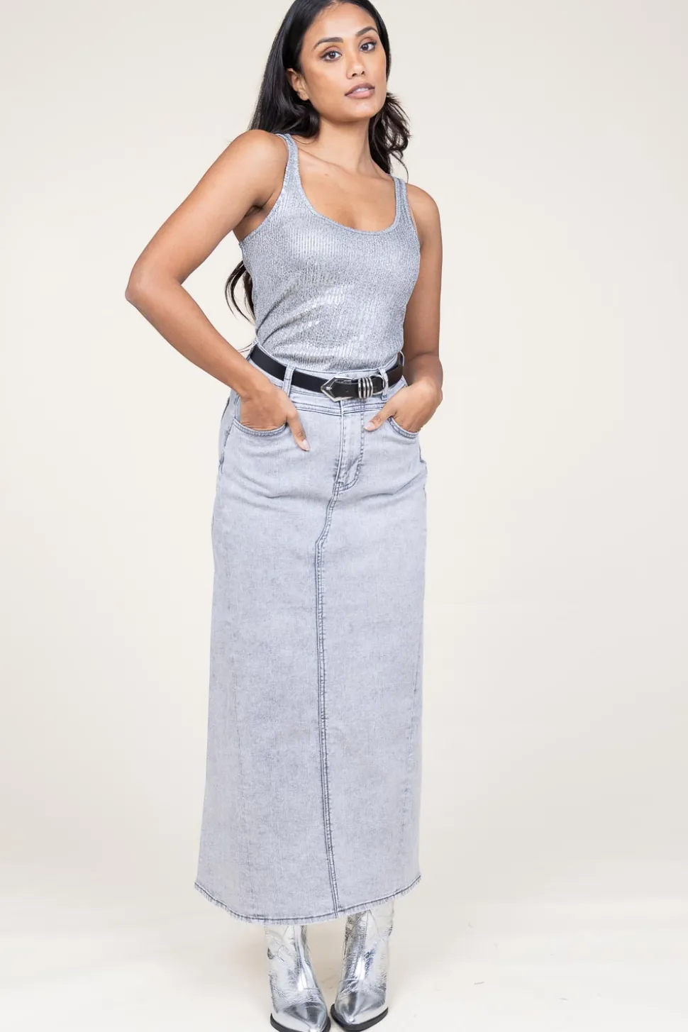 Denim Maxi Skirt Tmery | Grey... | Lollys Laundry | Little Soho