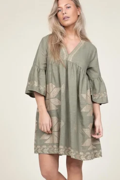 Dress With Gold Colored Embroidery Alena | Green... | Greek Archaic Kori | Little Soho