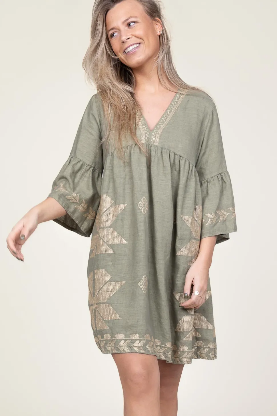 Dress With Gold Colored Embroidery Alena | Green... | Greek Archaic Kori | Little Soho