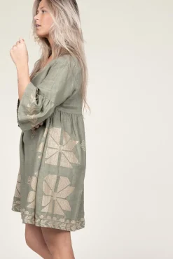 Dress With Gold Colored Embroidery Alena | Green... | Greek Archaic Kori | Little Soho