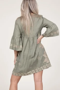 Dress With Gold Colored Embroidery Alena | Green... | Greek Archaic Kori | Little Soho