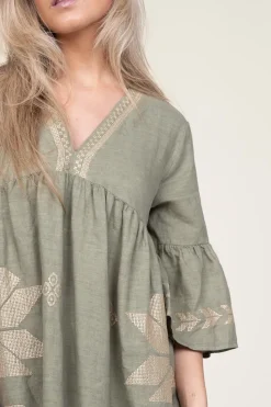 Dress With Gold Colored Embroidery Alena | Green... | Greek Archaic Kori | Little Soho