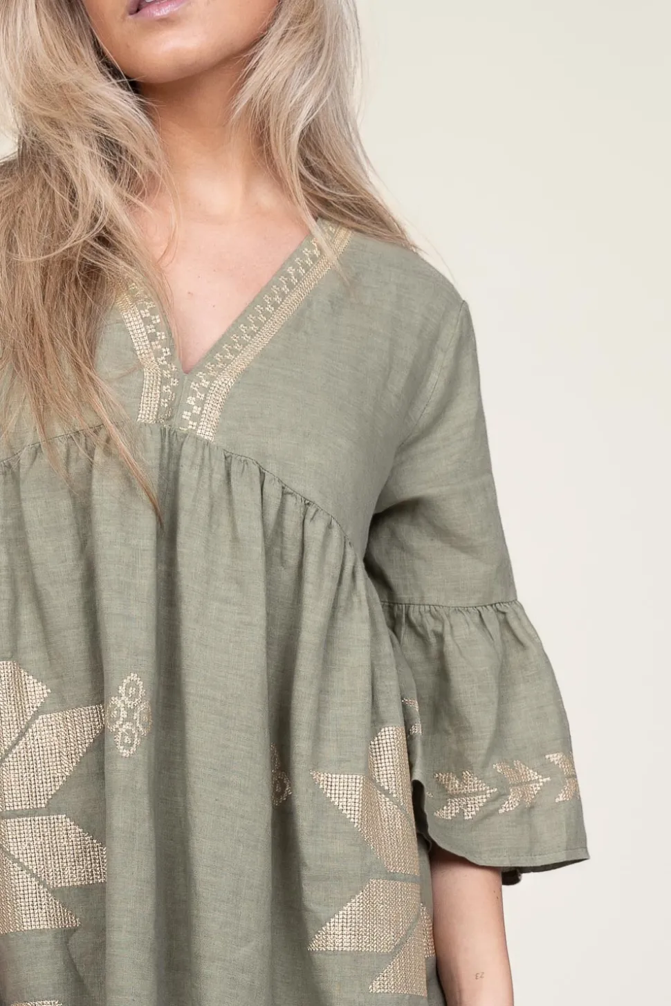 Dress With Gold Colored Embroidery Alena | Green... | Greek Archaic Kori | Little Soho