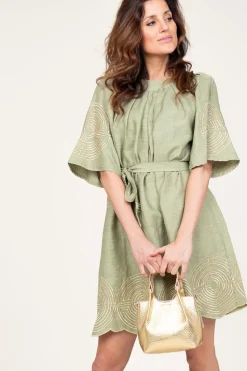 Dress With Labyrinth Embroidery Zoe | Green... | Greek Archaic Kori | Little Soho