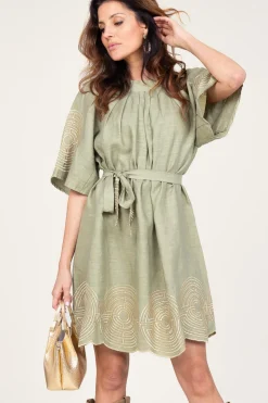 Dress With Labyrinth Embroidery Zoe | Green... | Greek Archaic Kori | Little Soho