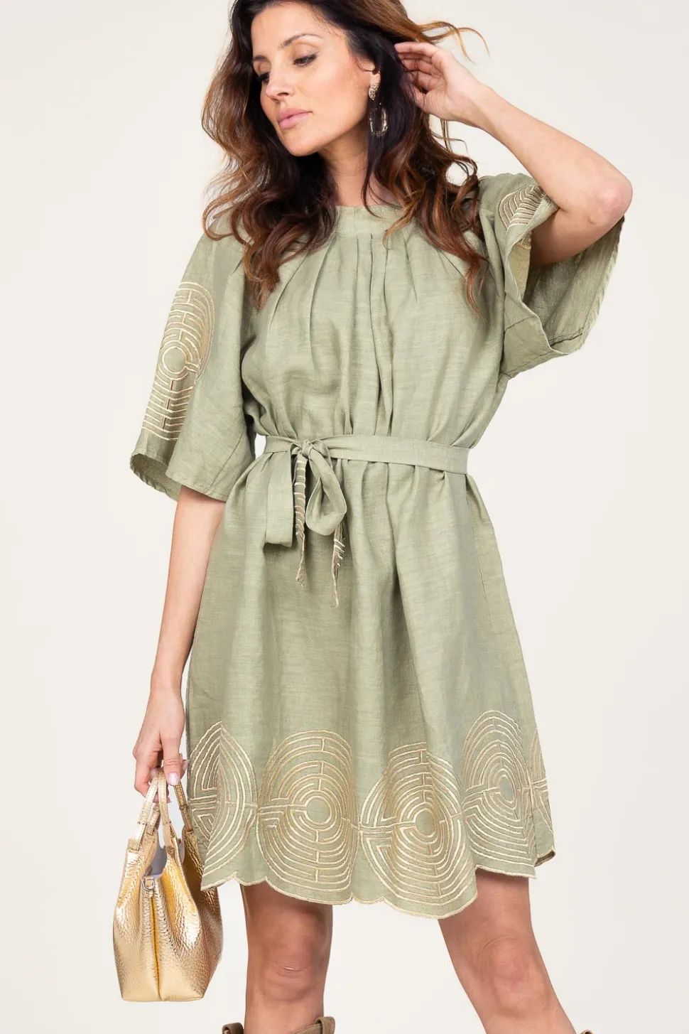 Dress With Labyrinth Embroidery Zoe | Green... | Greek Archaic Kori | Little Soho