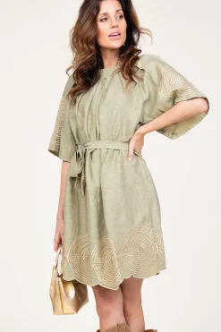 Dress With Labyrinth Embroidery Zoe | Green... | Greek Archaic Kori | Little Soho