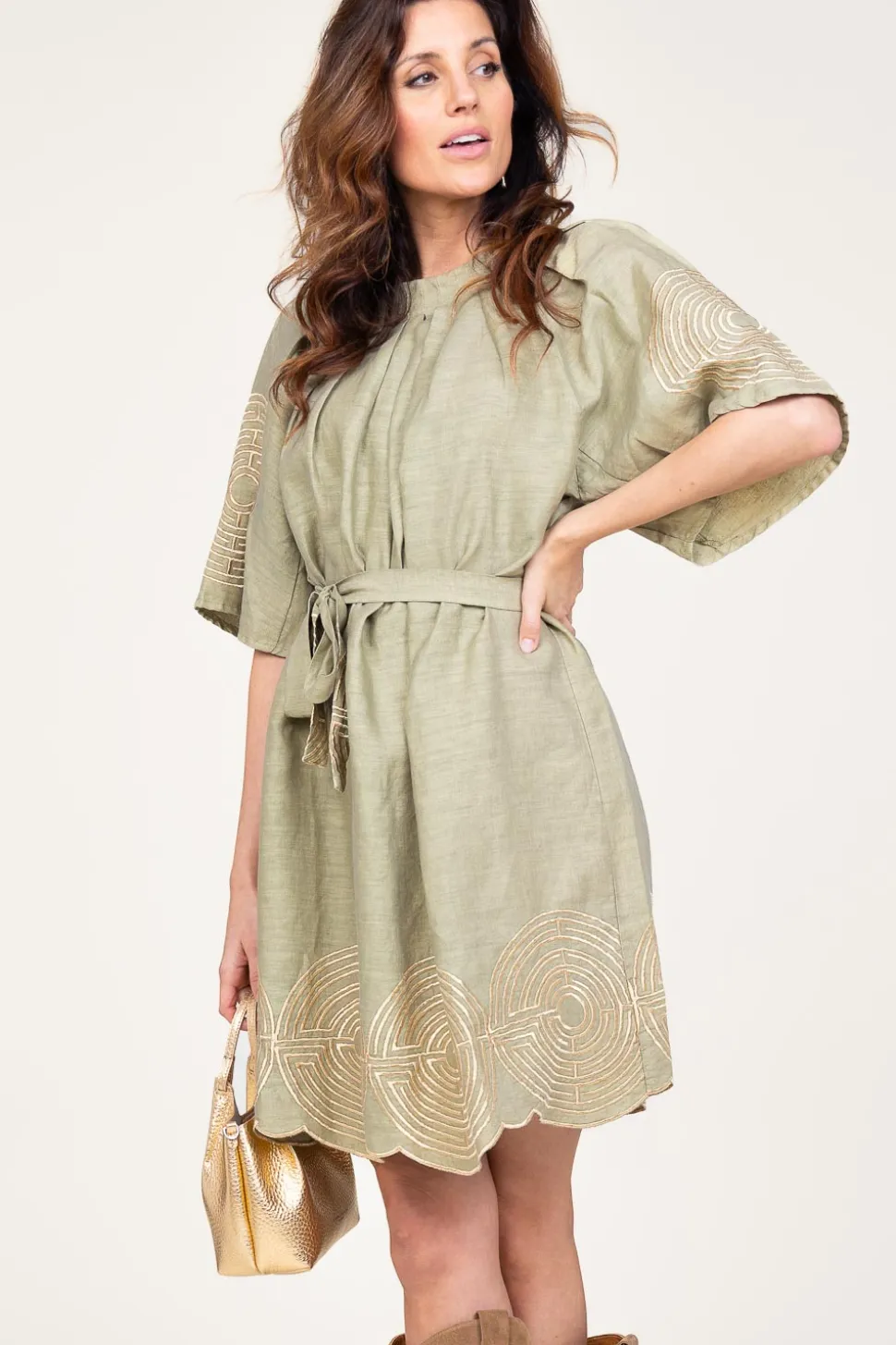 Dress With Labyrinth Embroidery Zoe | Green... | Greek Archaic Kori | Little Soho