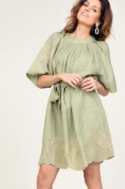 Dress With Labyrinth Embroidery Zoe | Green... | Greek Archaic Kori | Little Soho