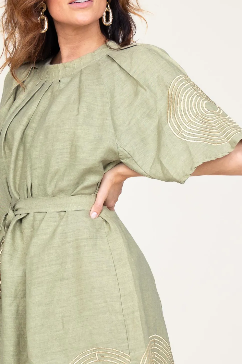 Dress With Labyrinth Embroidery Zoe | Green... | Greek Archaic Kori | Little Soho