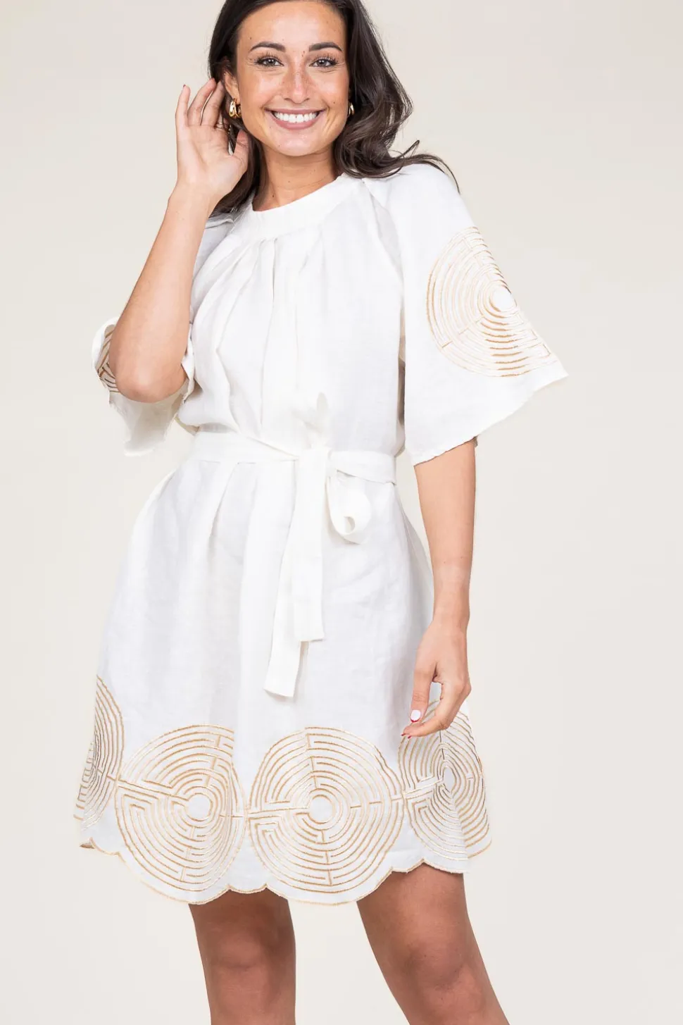 Dress With Labyrinth Embroidery Lilly | Gold... | Greek Archaic Kori | Little Soho