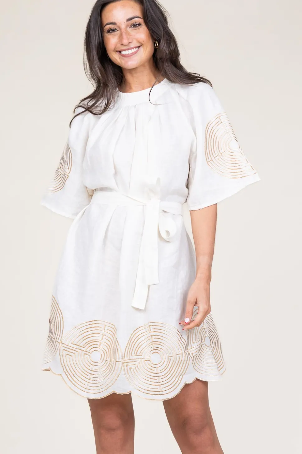 Dress With Labyrinth Embroidery Lilly | Gold... | Greek Archaic Kori | Little Soho