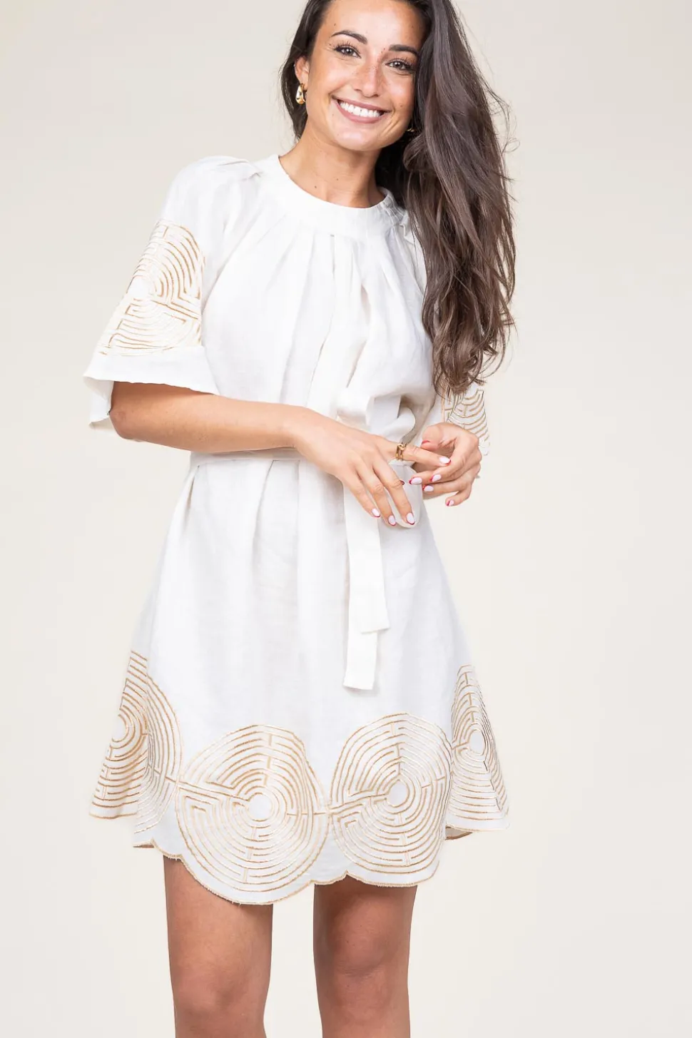 Dress With Labyrinth Embroidery Lilly | Gold... | Greek Archaic Kori | Little Soho
