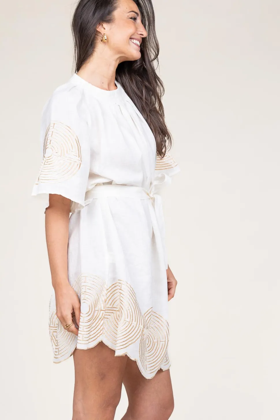 Dress With Labyrinth Embroidery Lilly | Gold... | Greek Archaic Kori | Little Soho