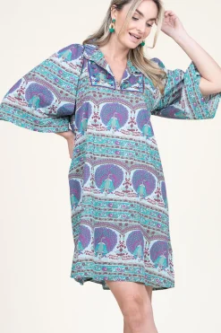 Dress With Print And Embroidery Tala | Blue... | Antik Batik | Little Soho