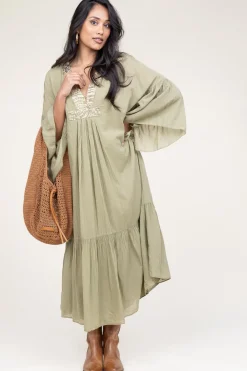 Flowy Embroidered Maxi Dress Ireen | Green... | Greek Archaic Kori | Little Soho