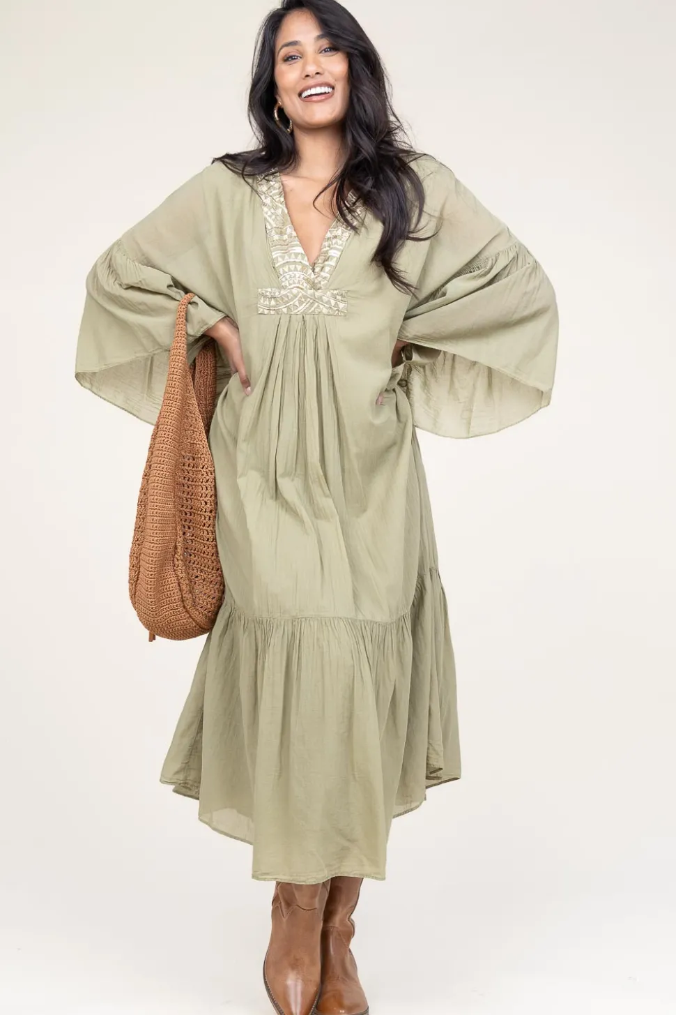 Flowy Embroidered Maxi Dress Ireen | Green... | Greek Archaic Kori | Little Soho