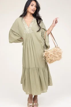 Flowy Embroidered Maxi Dress Ireen | Green... | Greek Archaic Kori | Little Soho