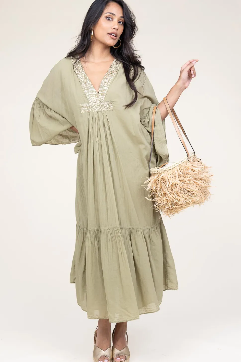 Flowy Embroidered Maxi Dress Ireen | Green... | Greek Archaic Kori | Little Soho