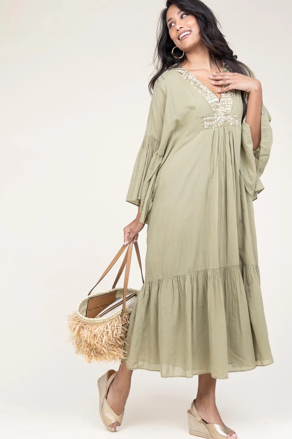 Flowy Embroidered Maxi Dress Ireen | Green... | Greek Archaic Kori | Little Soho