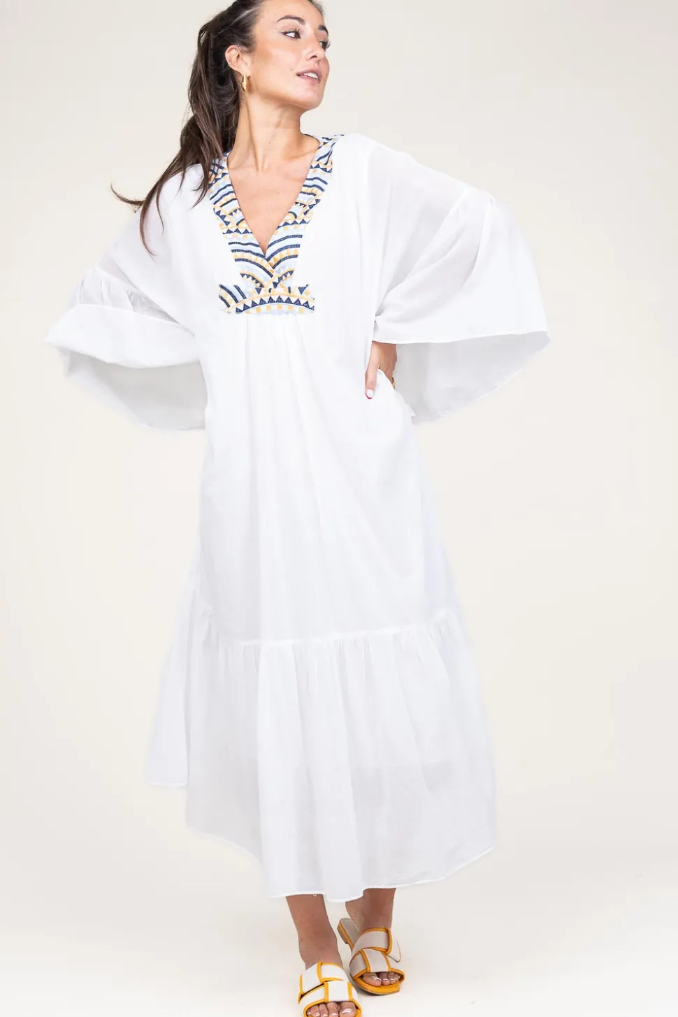 Flowy Embroidered Maxi Dress Ireen | White... | Greek Archaic Kori | Little Soho