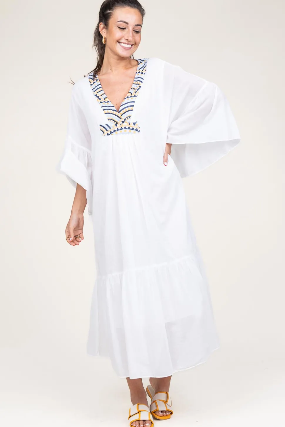 Flowy Embroidered Maxi Dress Ireen | White... | Greek Archaic Kori | Little Soho