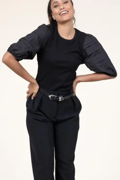 Jersey Top With Poplin Sleeves Elyse | Black... | Dante 6 | Little Soho