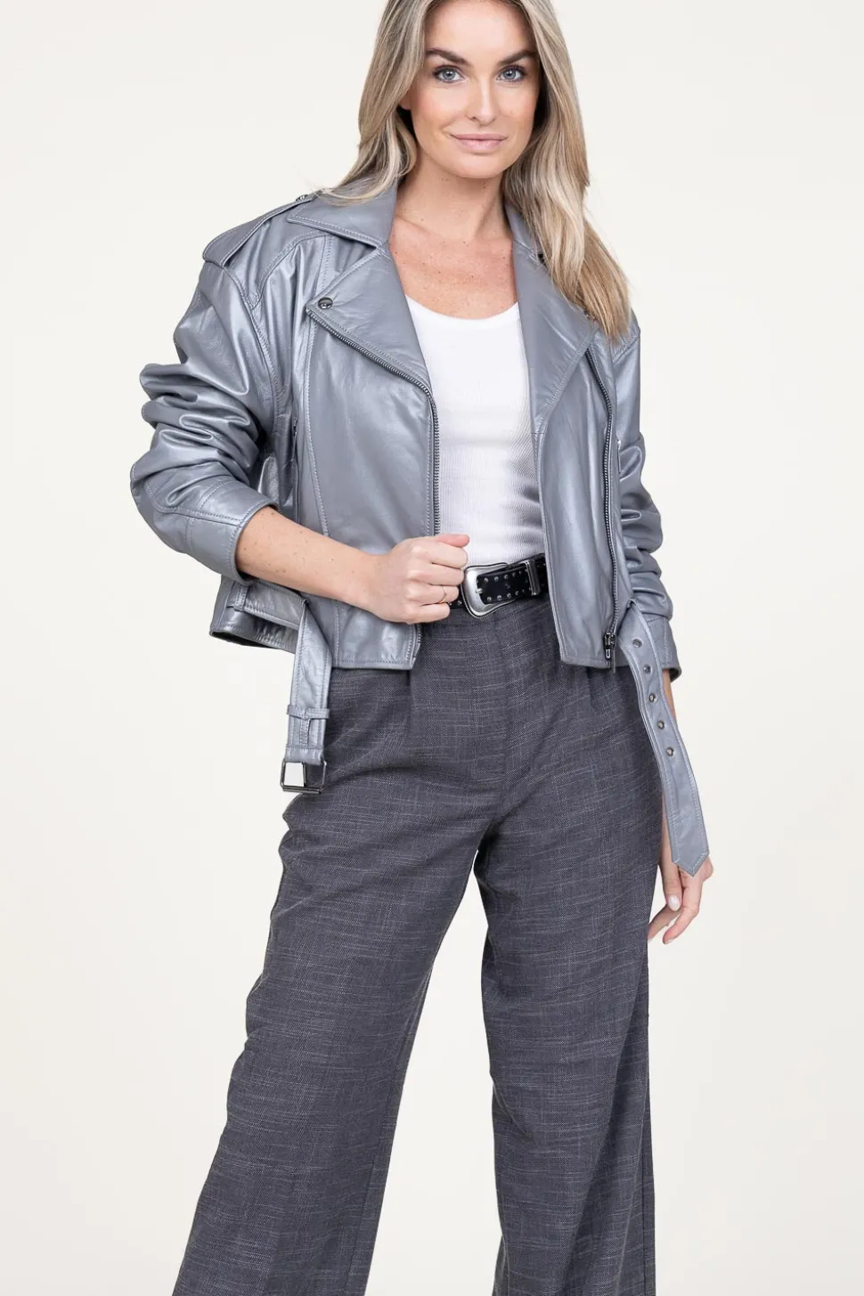Leather Biker Jacket Savannah | Silver... | Studio Ar | Little Soho