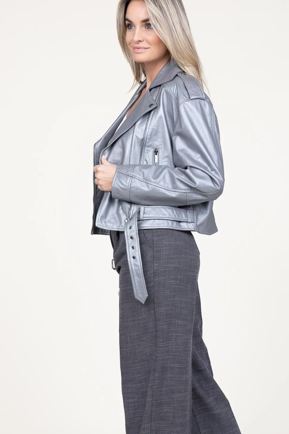 Leather Biker Jacket Savannah | Silver... | Studio Ar | Little Soho