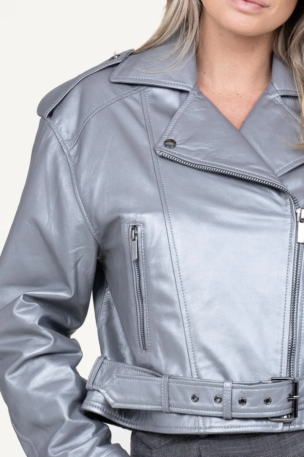 Leather Biker Jacket Savannah | Silver... | Studio Ar | Little Soho