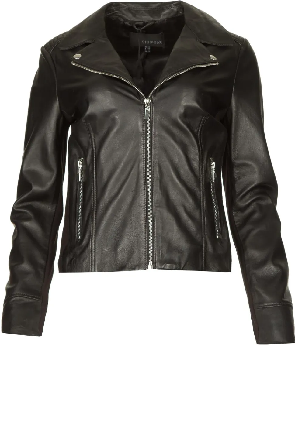 Leather Biker Jacket With Tricot Details Kendall | Black... | Studio Ar | Little Soho