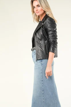 Leather Biker Jacket With Tricot Details Kendall | Black... | Studio Ar | Little Soho