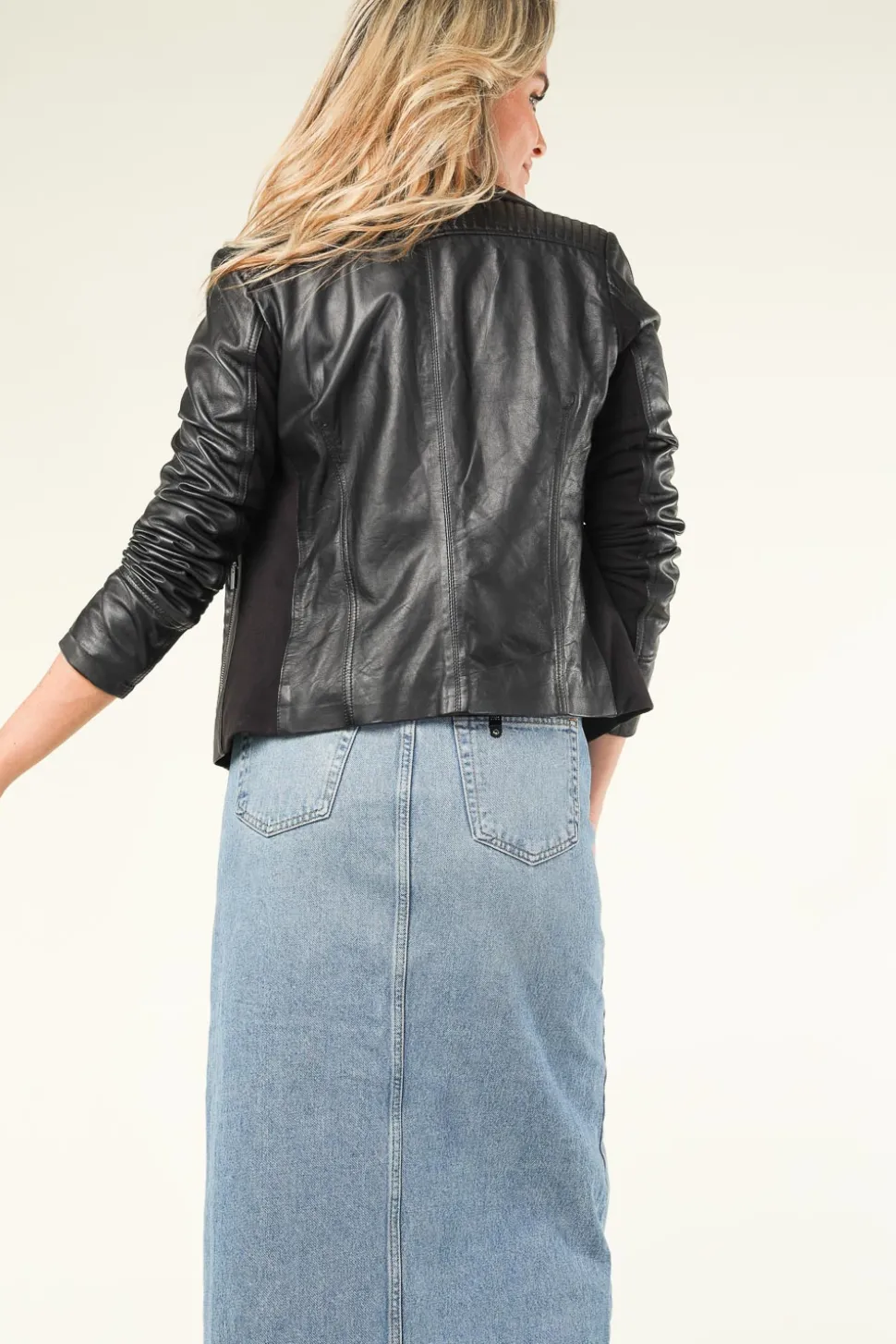 Leather Biker Jacket With Tricot Details Kendall | Black... | Studio Ar | Little Soho