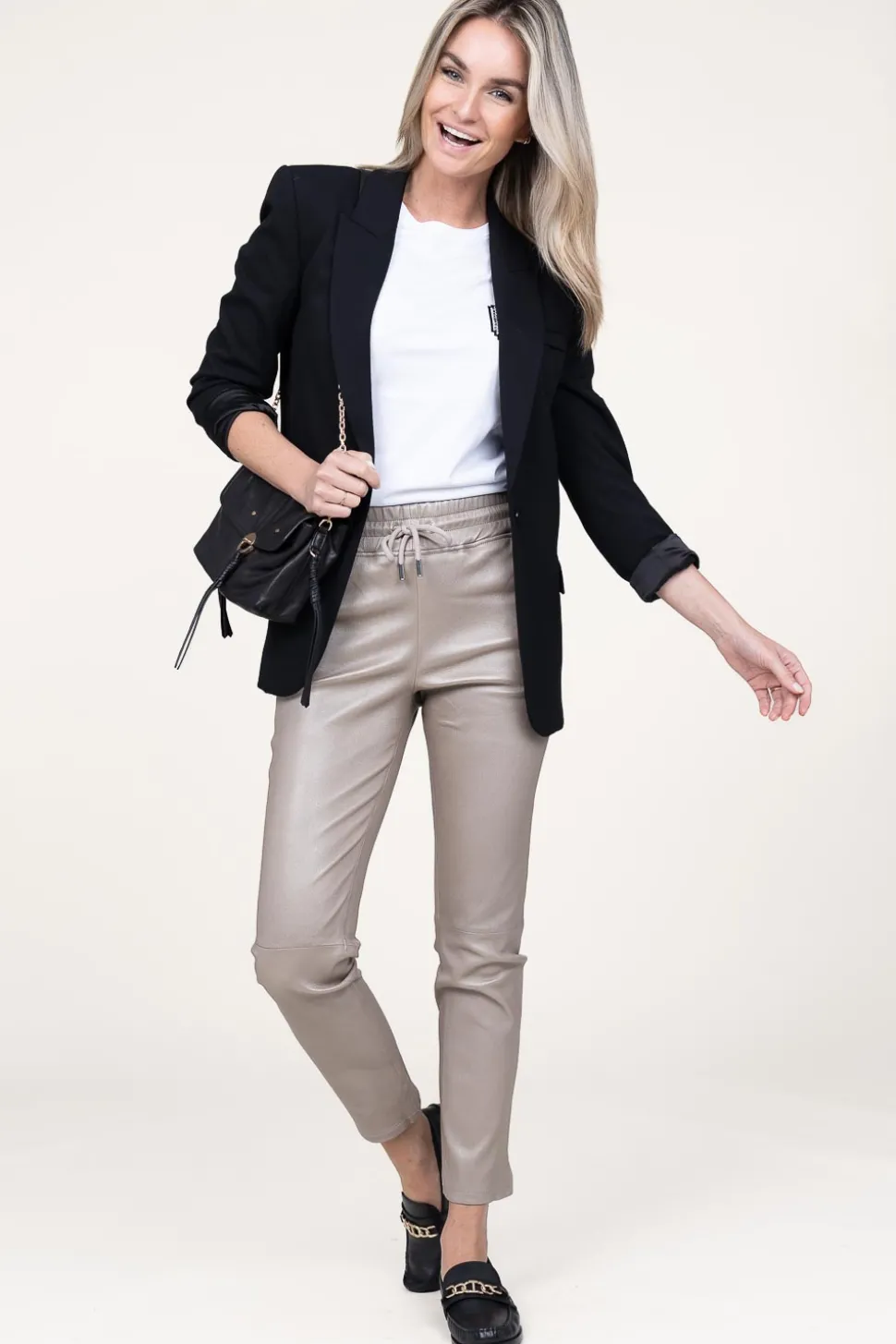 Leather Stretch Jogger Naomi | Taupe Metallic... | Studio Ar | Little Soho