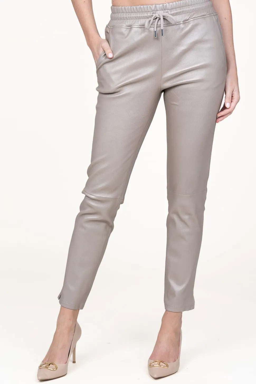 Leather Stretch Jogger Naomi | Taupe Metallic... | Studio Ar | Little Soho