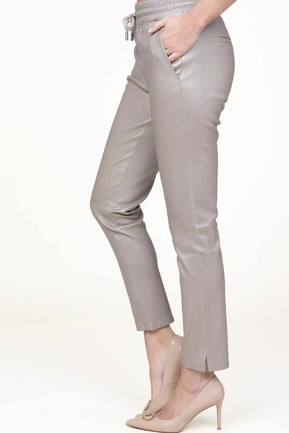 Leather Stretch Jogger Naomi | Taupe Metallic... | Studio Ar | Little Soho