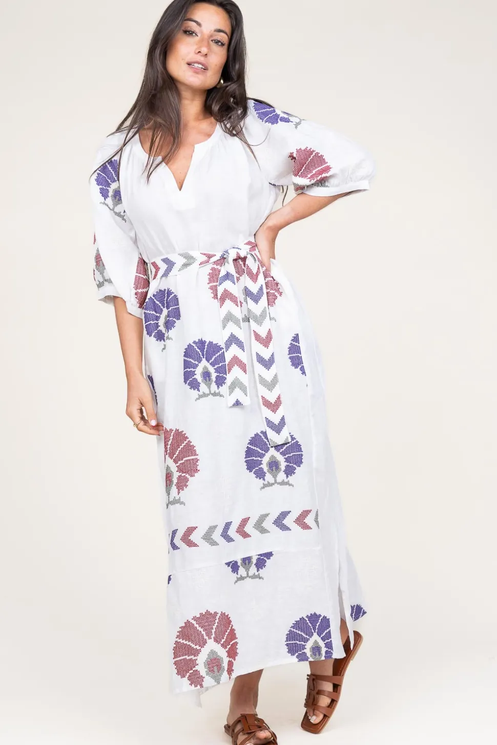 Linen Maxi Dress Thalia | Multi... | Greek Archaic Kori | Little Soho