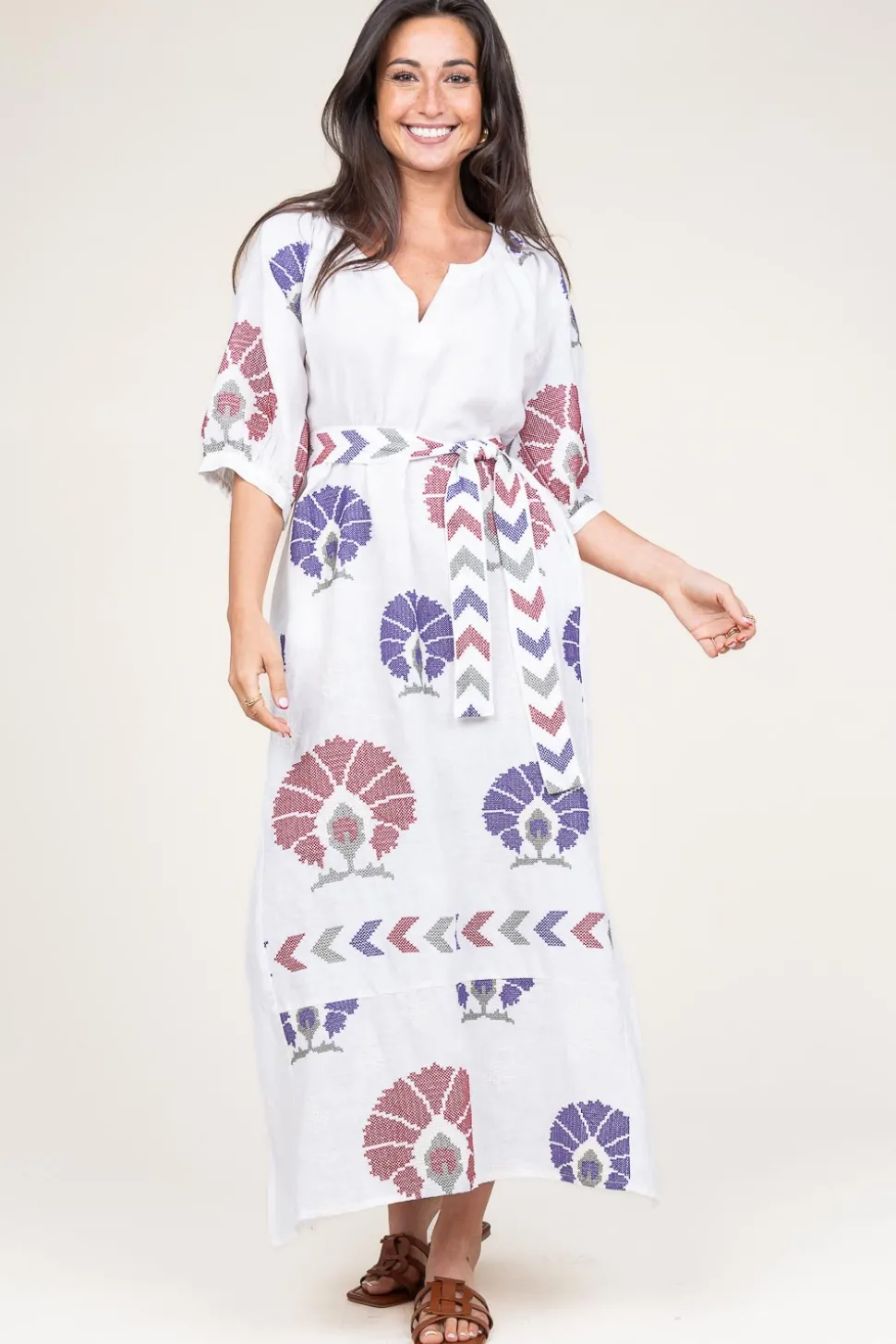 Linen Maxi Dress Thalia | Multi... | Greek Archaic Kori | Little Soho