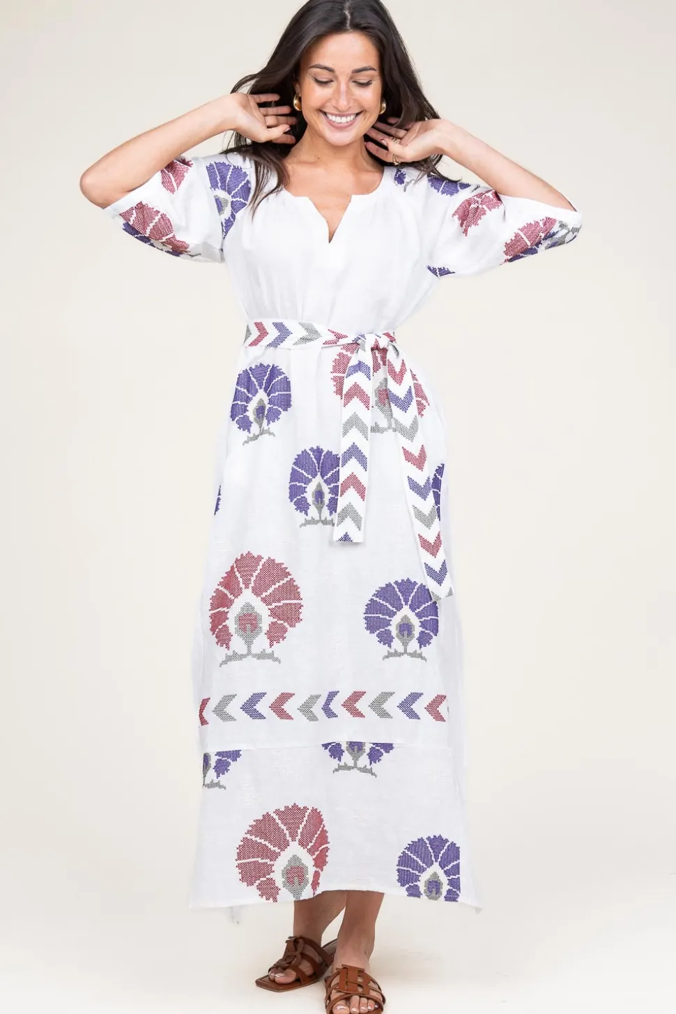 Linen Maxi Dress Thalia | Multi... | Greek Archaic Kori | Little Soho
