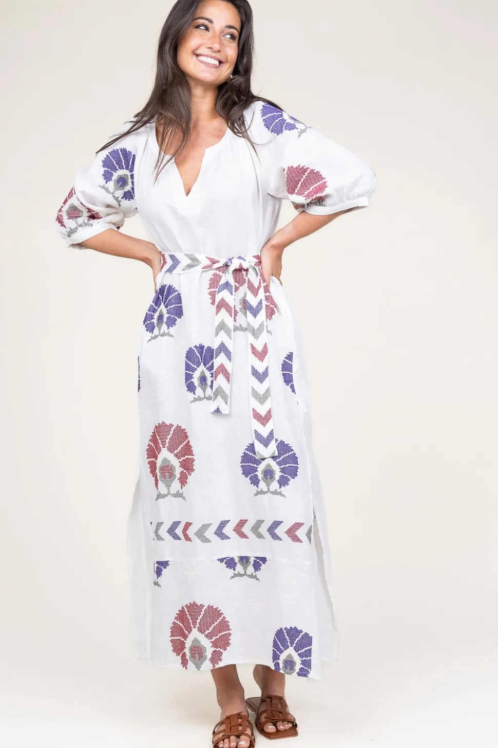 Linen Maxi Dress Thalia | Multi... | Greek Archaic Kori | Little Soho