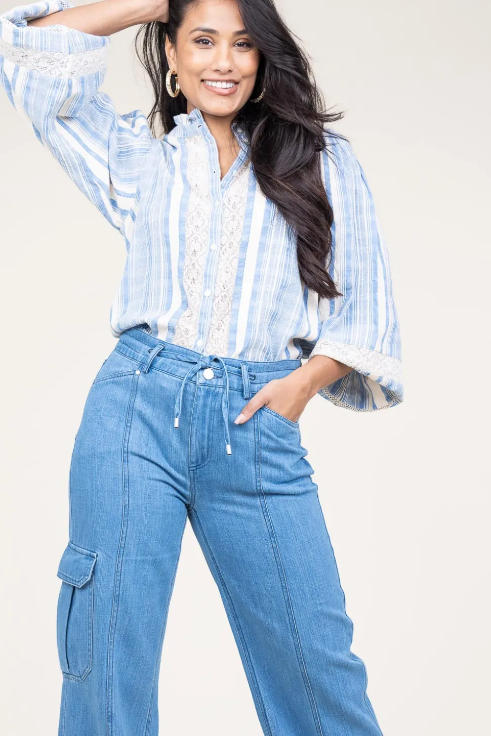 Linen Mix Blouse With Puffed Sleeves Fiorella | Blue... | Stella Forest | Little Soho
