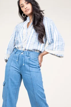 Linen Mix Blouse With Puffed Sleeves Fiorella | Blue... | Stella Forest | Little Soho